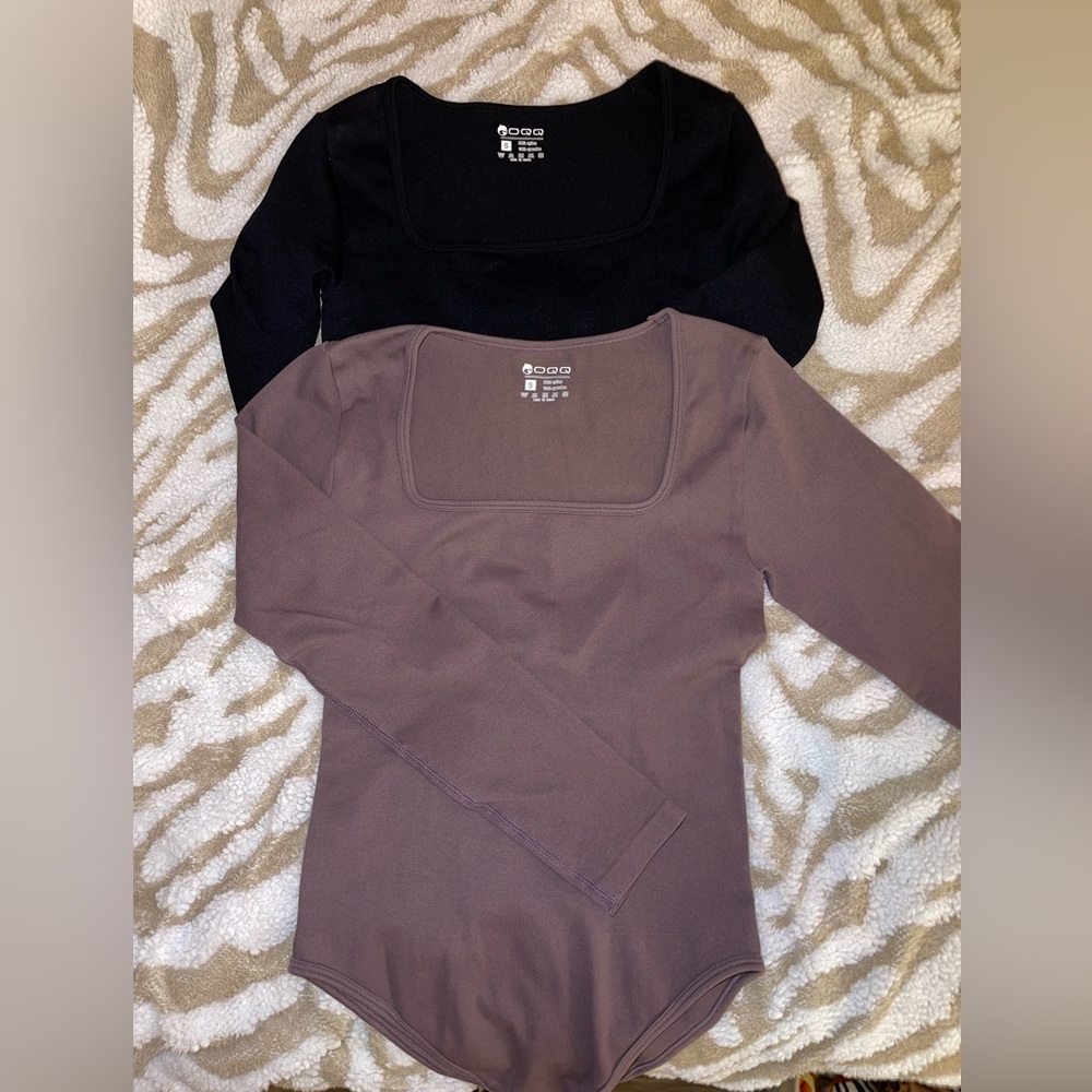 OQQ Square Neck Long Sleeve Body Suits- Black and Light Brownish